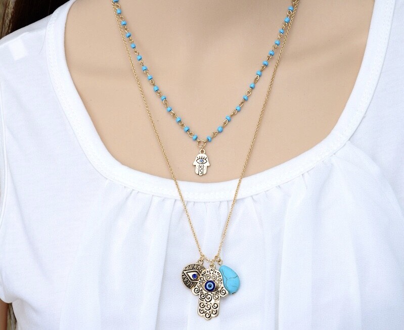 ZARD Evil Eye Hamsa Hand Turquoise Gem Charm Pendant Layered Necklace