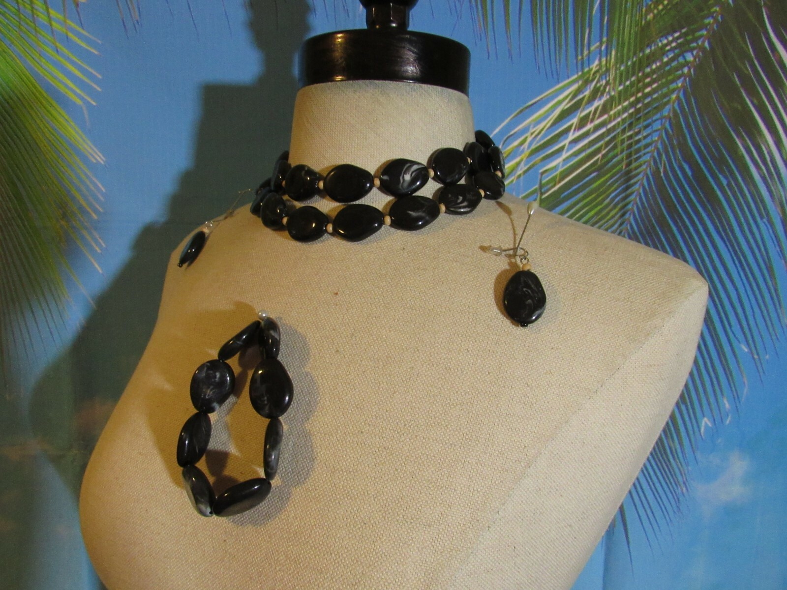 Double Stranded Necklace 14″, Silver Hook Earrings, & Stretch Bracelet Set