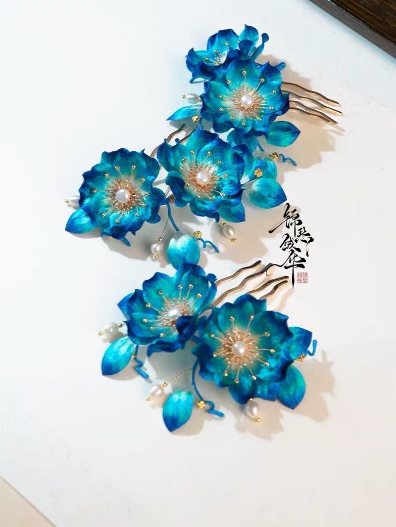 Blue Silk Velvet Hair Comb, Traditional Chinese Hanfu Qipao Hair Accessory
