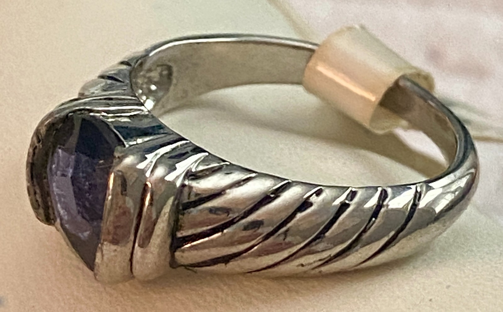 Oval Purple Faceted Stone Designer Style Cable Band Ring Size 9