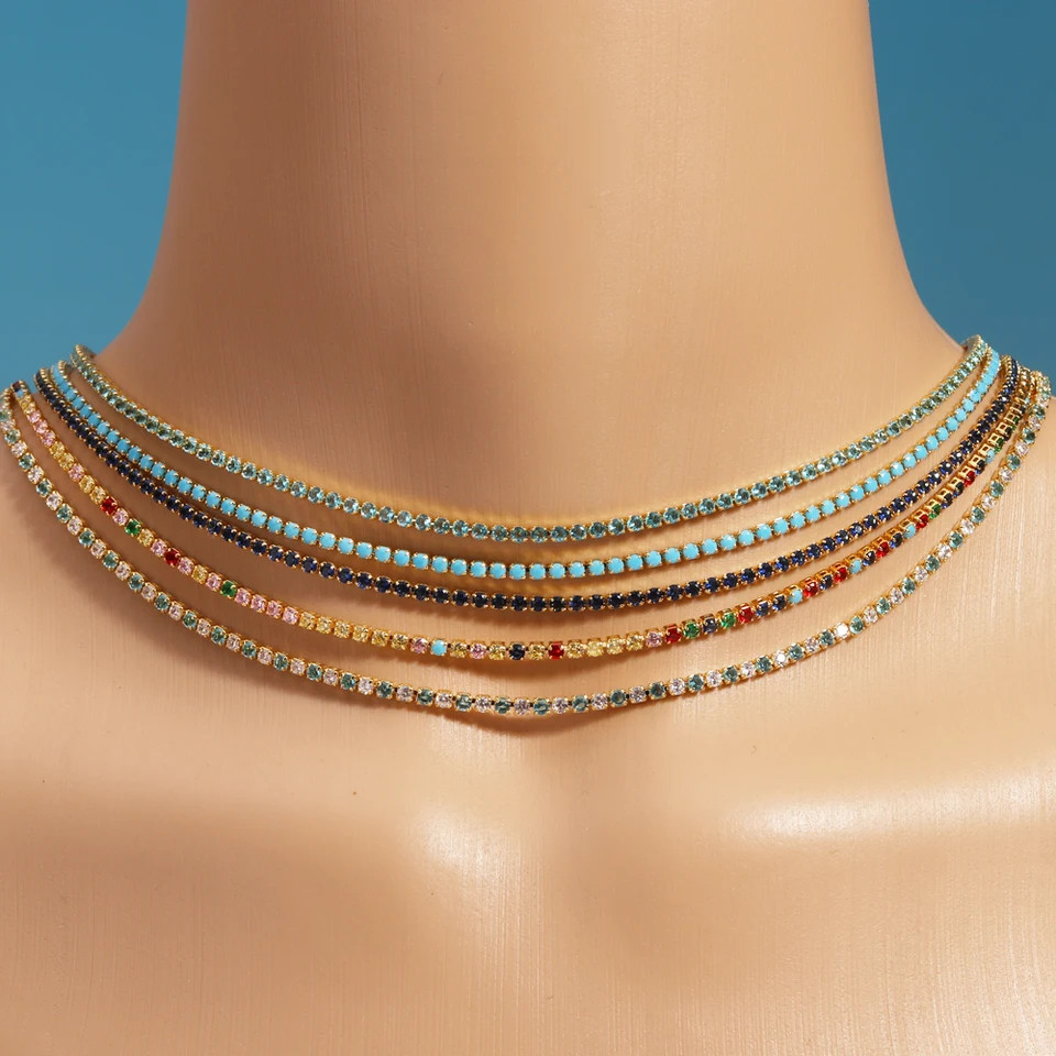 Gold Color Tennis Chain Necklace 2mm Simulated Zirconia 16in Women Jewelry