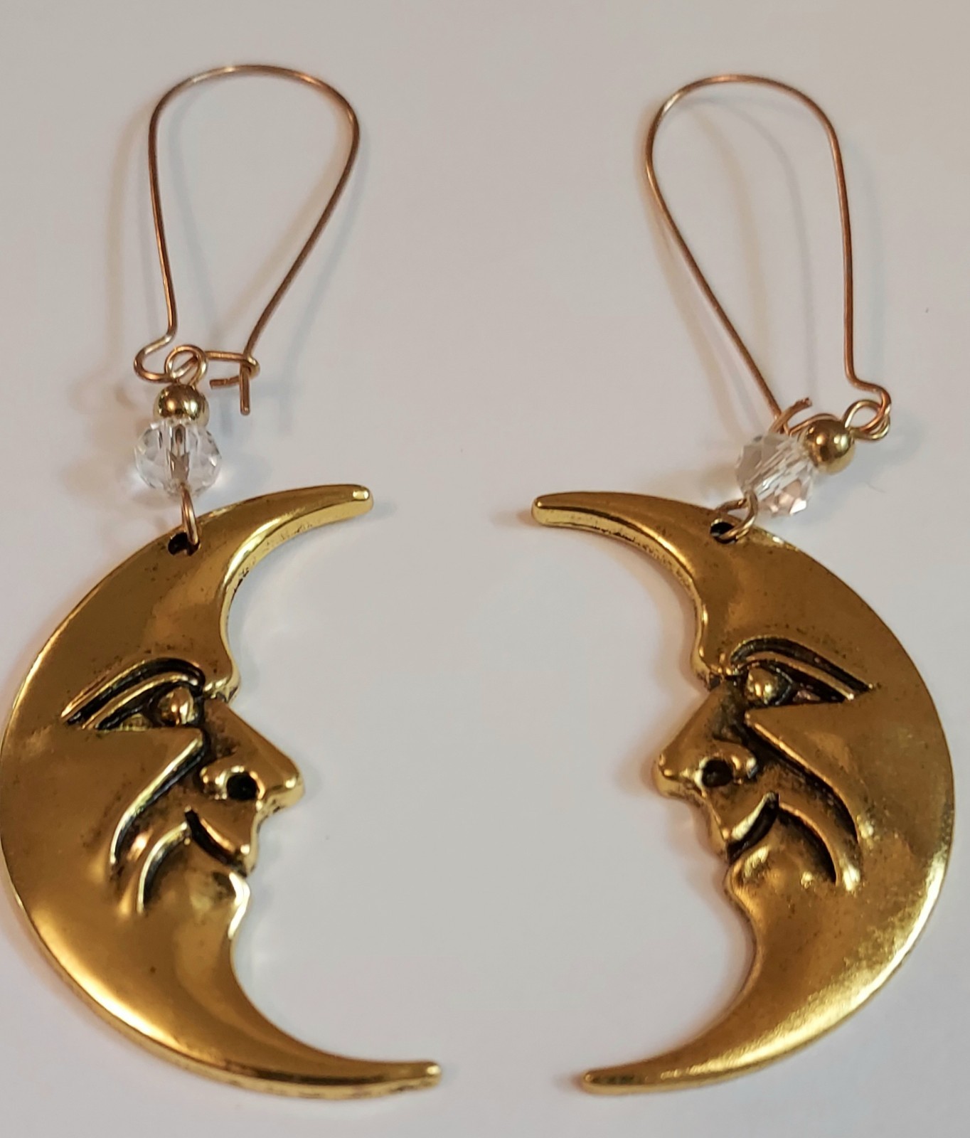 Moon Face Dangle Earrings Gold Tone Celestial Crescent Moon Statement