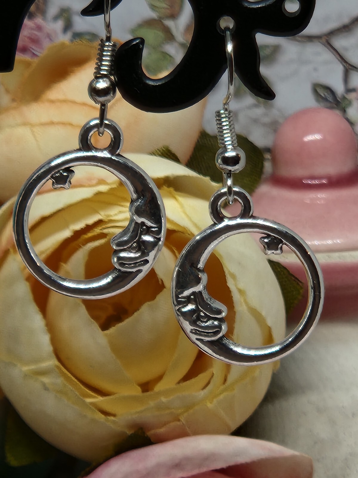 Moon Star Earrings Moon Face Crescent Silver Hook Dangle Earrings FREE SHIPPING