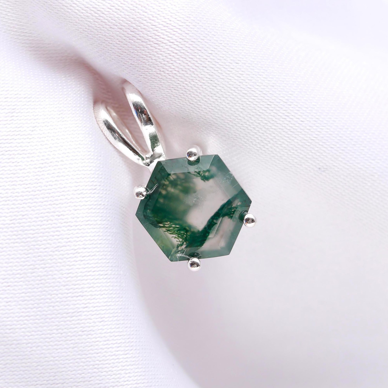 Natural Moss Agate Hexagon Pendant 925 Sterling Silver Jewelry Gift For Wedding
