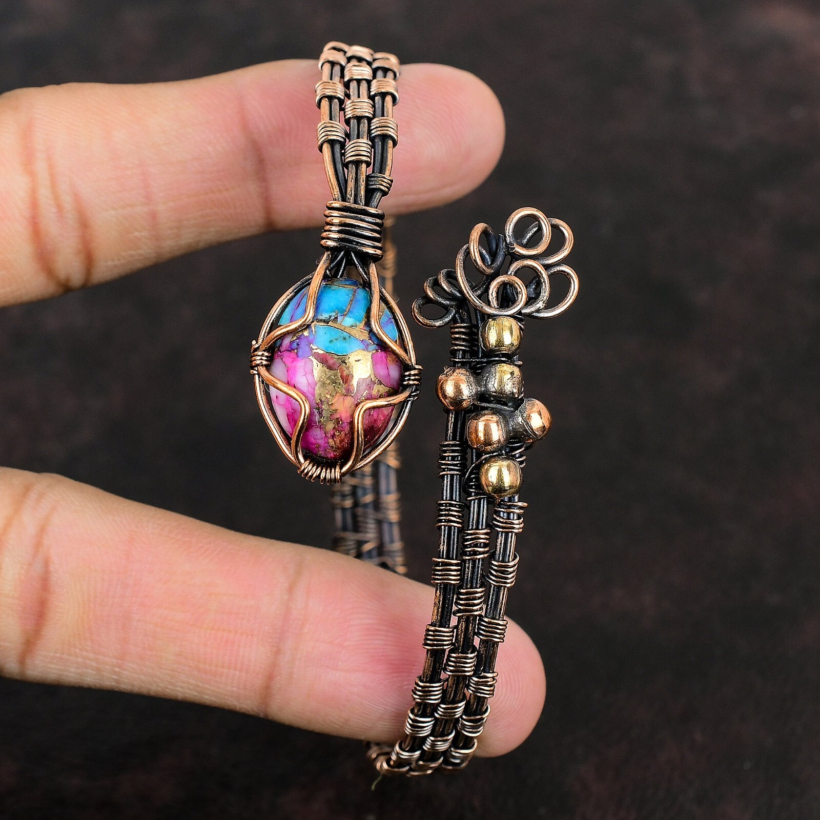 Kingman Pink Dahlia Turquoise Copper Gift For Mum Wire Wrap Adjustable Bangle