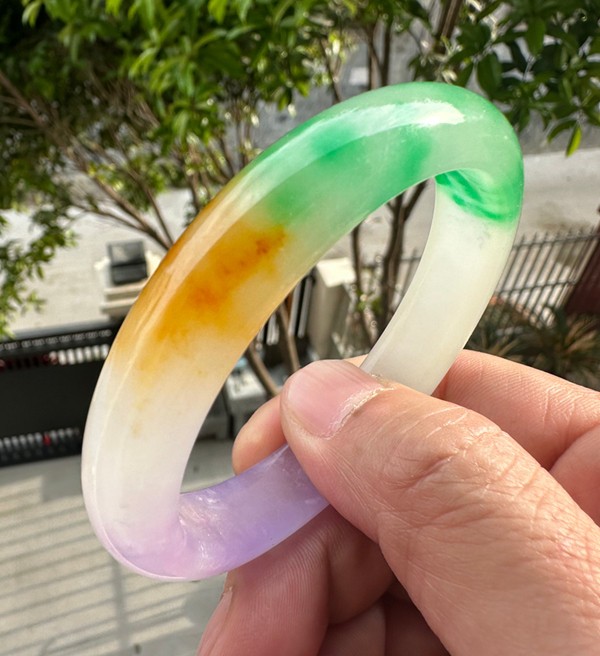 Natural Grade A Jadeite Bangle Tri-Color Green Lavender Yellow Burmese Jade 57mm