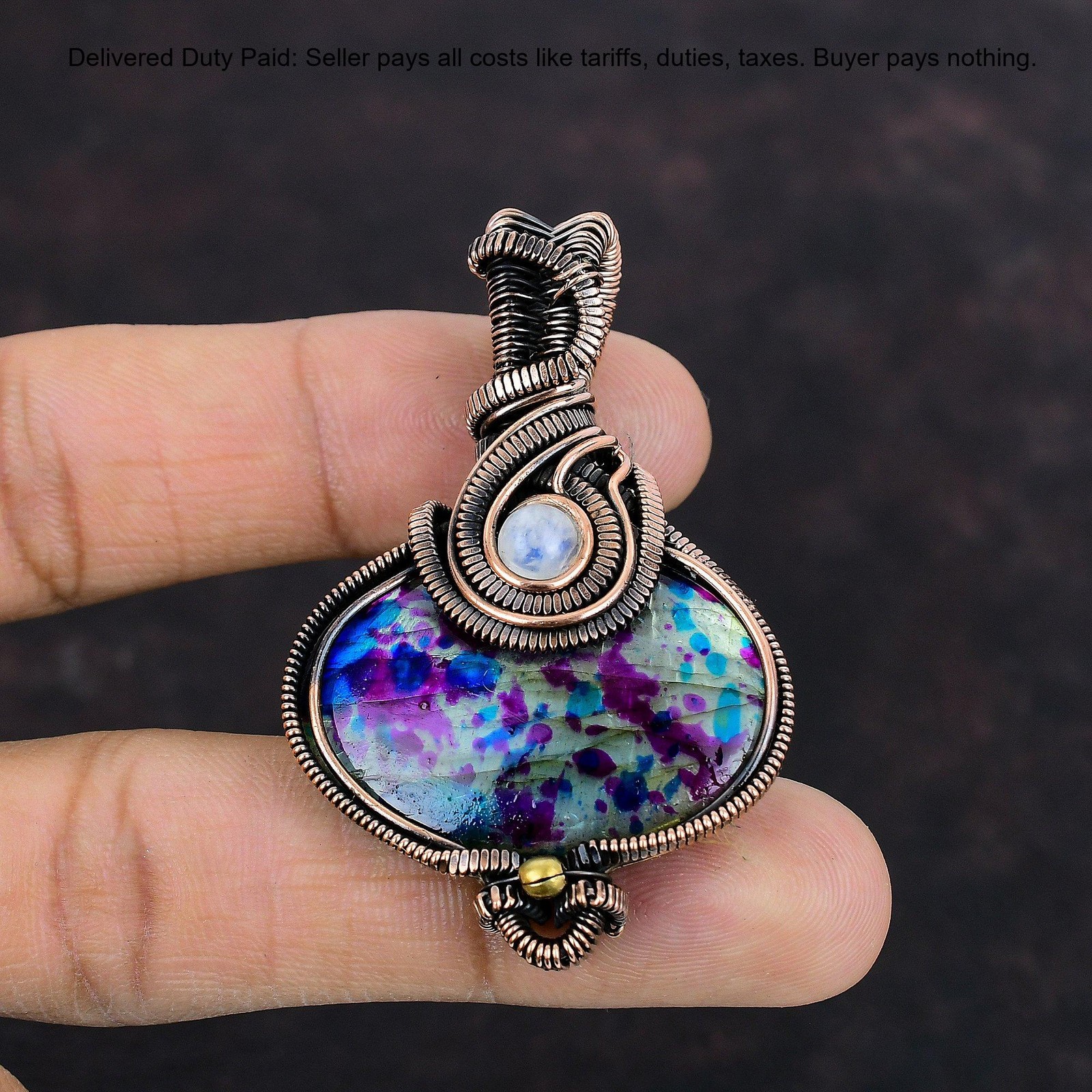 Copper Oval Natural Multi Fire Labradorite Rainbow Moonstone Pendant Jewelry
