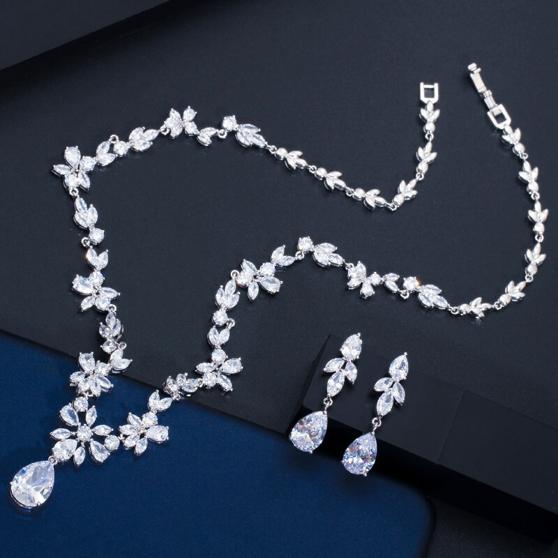 Silver Plated White CZ Necklace Earrings Sets Bridal Costume Jewelry Accessories