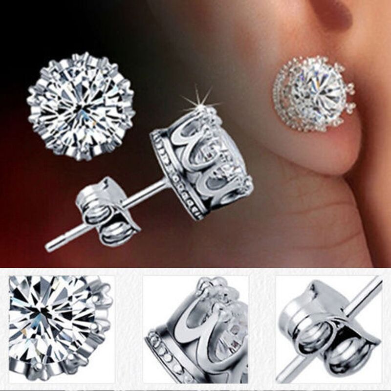 Pretty Silver Plated Round Crown Set Clear White 8mm CZ Stud Earrings