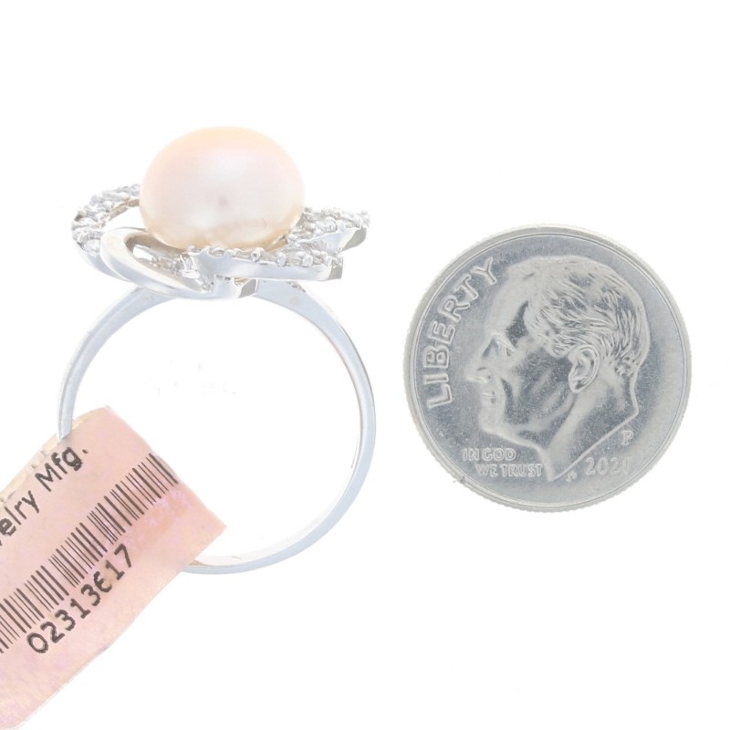 New Cultured Light Pink Pearl CZ Flower Halo Ring – Sterling Silver Size 7