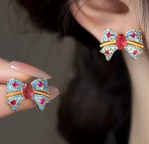 Super Cute Sparkly Blue Red BOW Rhinestone Gold Betsey Johnson Earrings