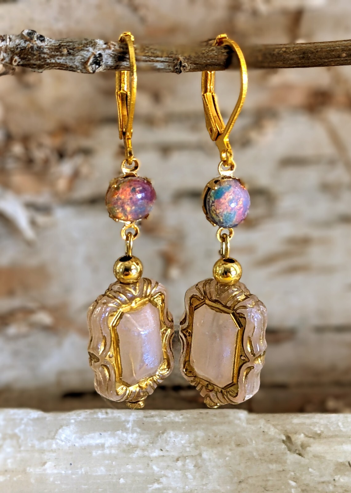 Victorian Milky Pink And Pink Fire Opal Earrings In Gold Plated