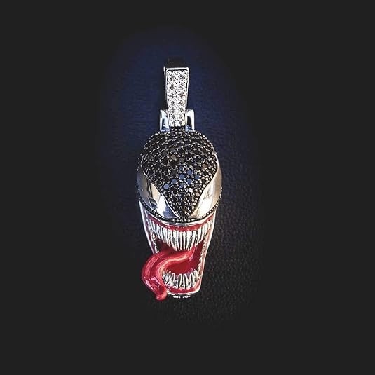 Venom Character Face Charm Pendant Simulated Black Diamond 14K White Gold Plated