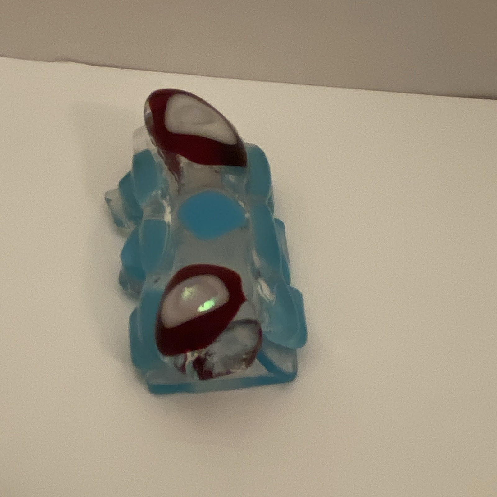 Silver Tone Bail Rectangle Glass Charm Pendant Blue Clear Red White Accents.