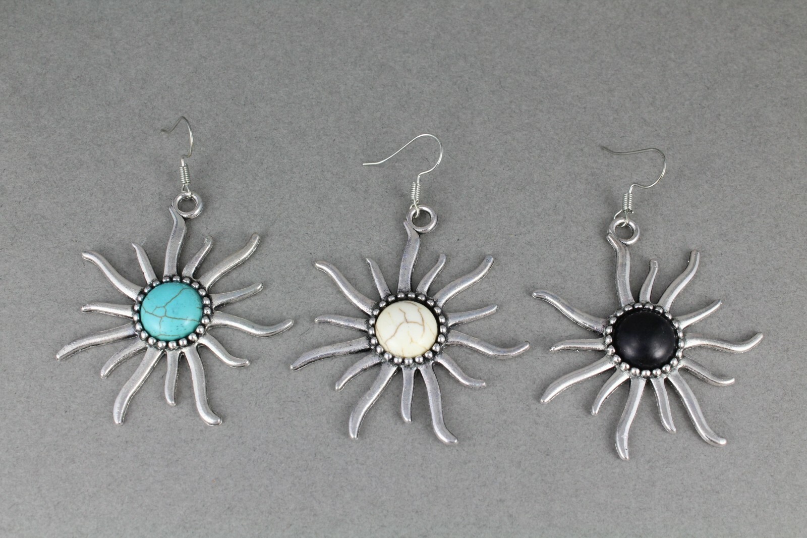 silver sun earrings cream center bead dangle lightweight 2.5″ long long rays