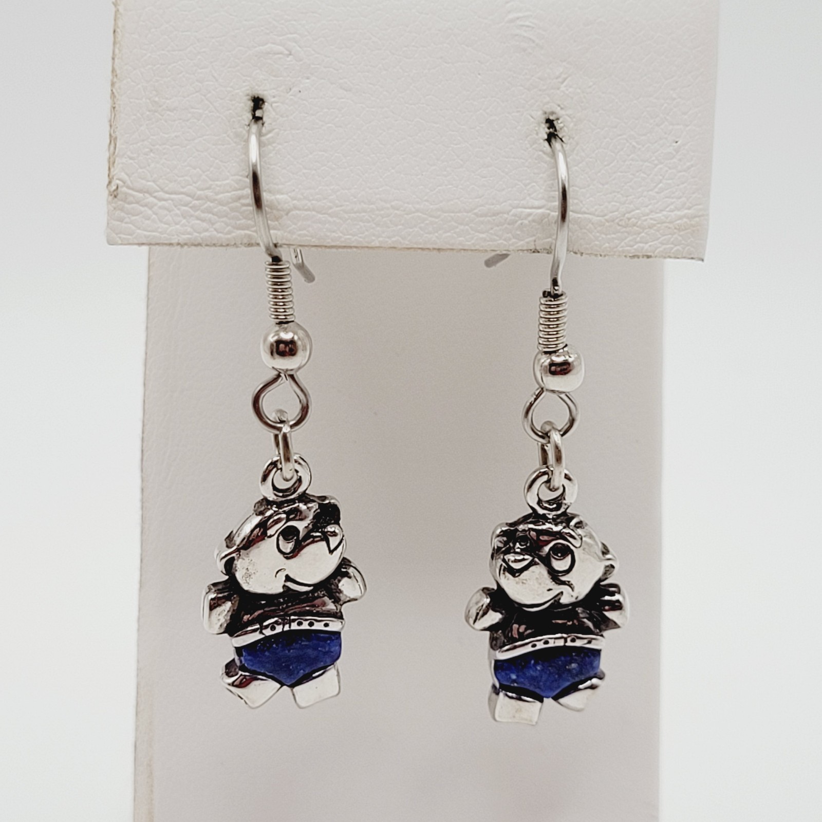 SW Waldeck Johnson Teddy Bear Lapis Lazuli Silver Tone Pierced Hook Earrings