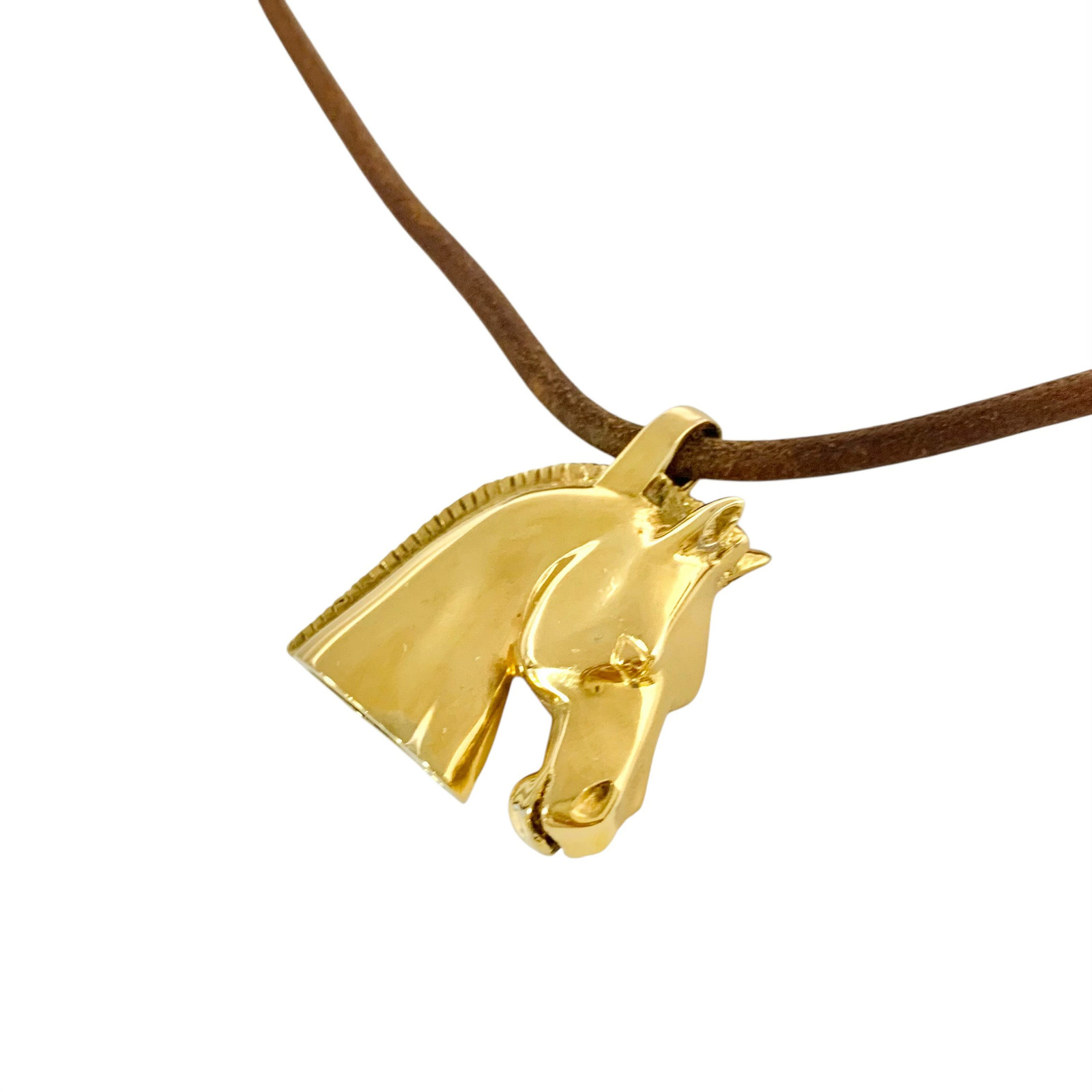 Hermes Necklace Cheval Horse Head Leather Brown Tea Gold Logo Motif With Box Use