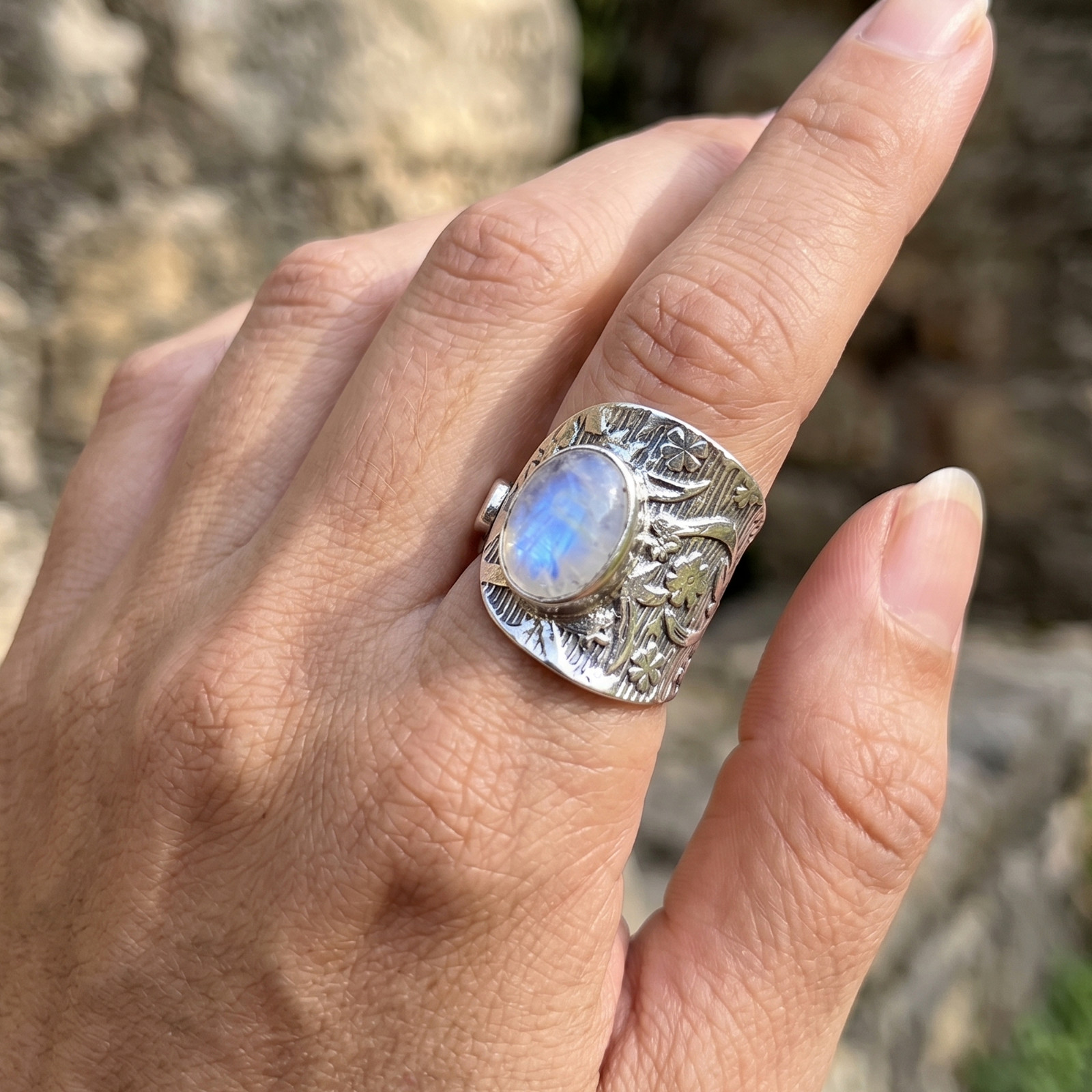 Natural Moonstone Sterling Silver Wrap Ring, Floral Statement Jewelry