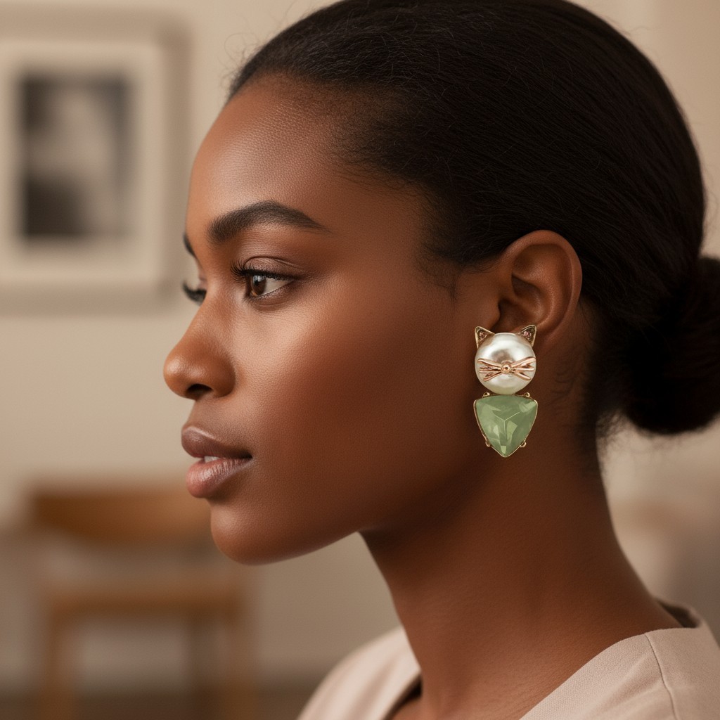 Betsey Johnson Cat Stud Earrings | Pearl Cat Face | Delicate Stone Accents