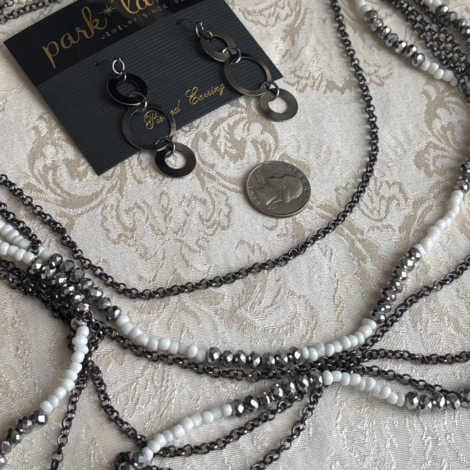 Park Lane Chic Earrings Hematite Tone Interlocking Circles & Unsigned Necklace