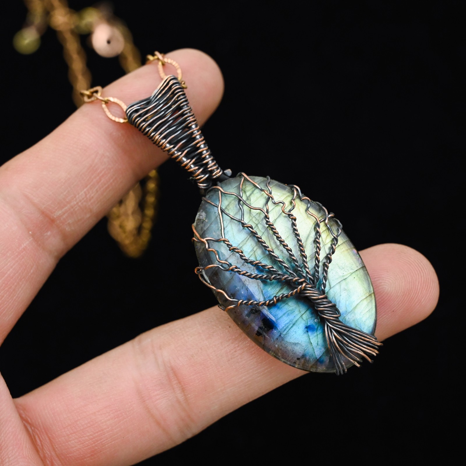 Copper Wire Wrap Labradorite Tree of Life Pendant Artisan Gemstone Necklace