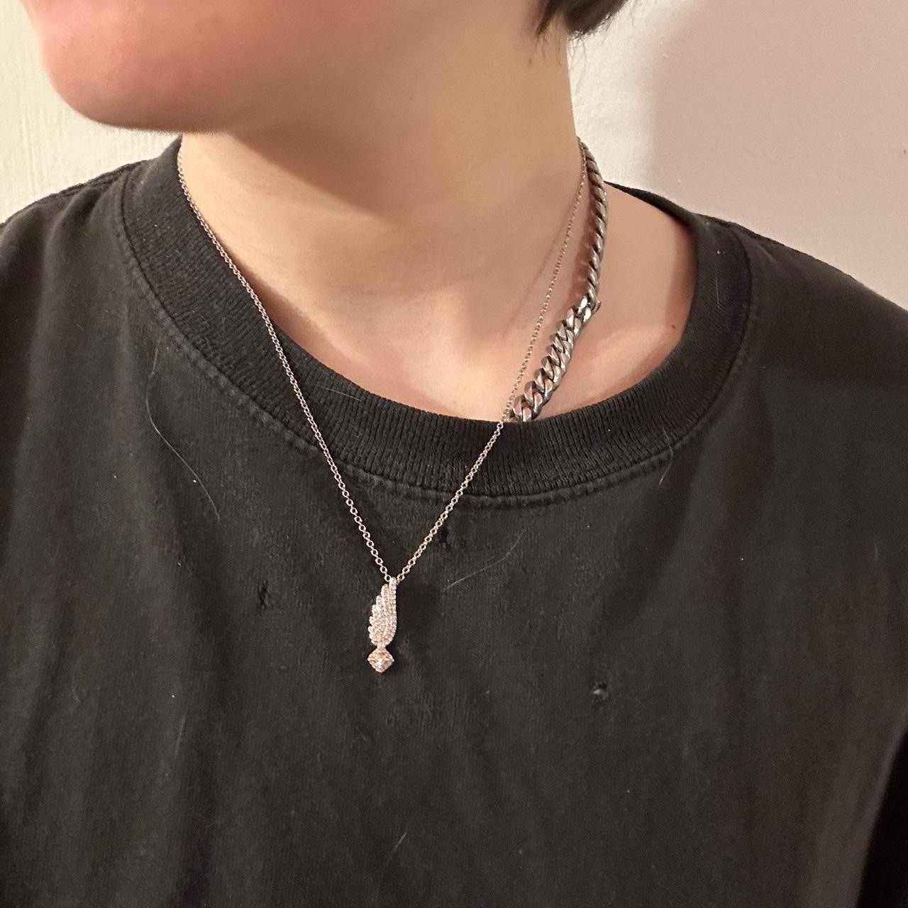 silver 925 single angel wing necklace, pink center