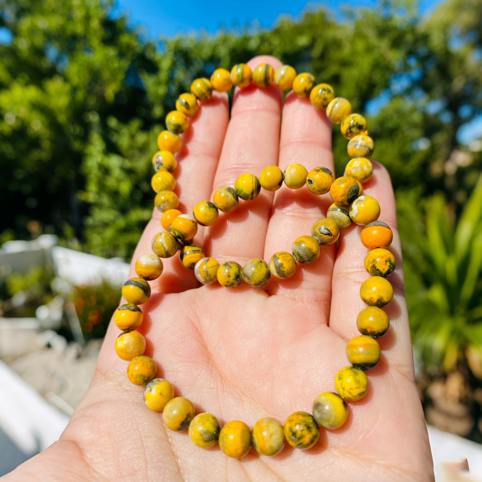 Rare Bumblebee Jasper Bracelet – 8mm Natural Yellow & Black Striped Stone