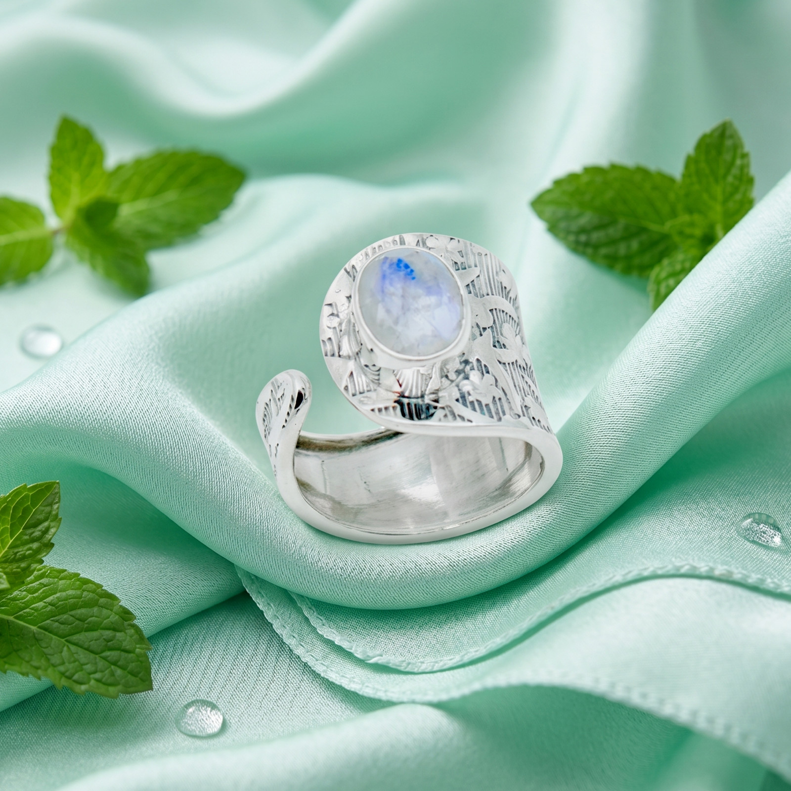 Natural Moonstone Sterling Silver Wrap Ring, Floral Statement Jewelry