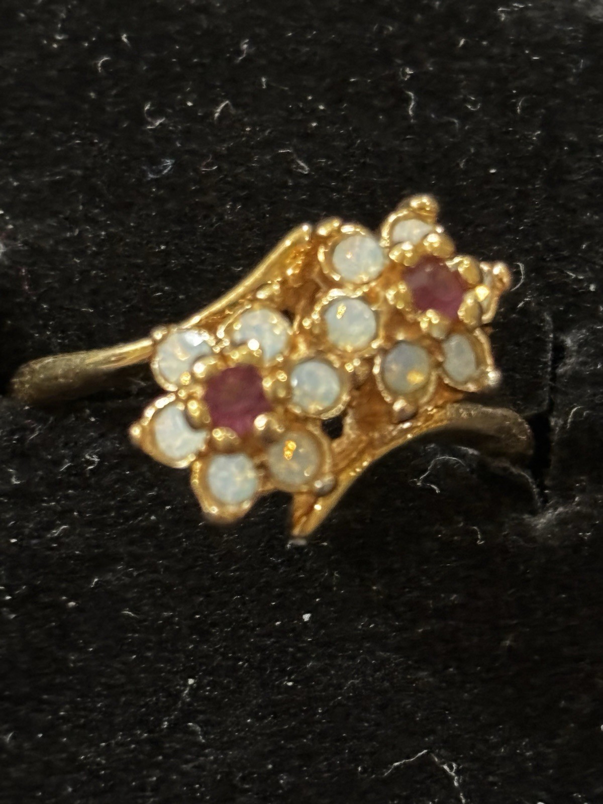 Size 7 Floral 18k Gold Electroplated Synthetic Opal Red Glass Cluster Ring