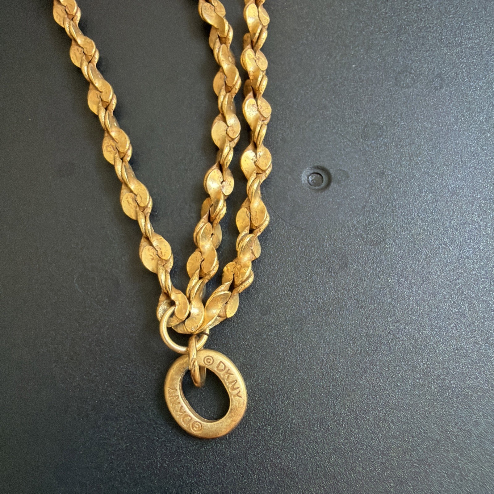 Vintage 16″ Donna Karan DKNY 1980s Gold Metal Necklace with hanging pearl