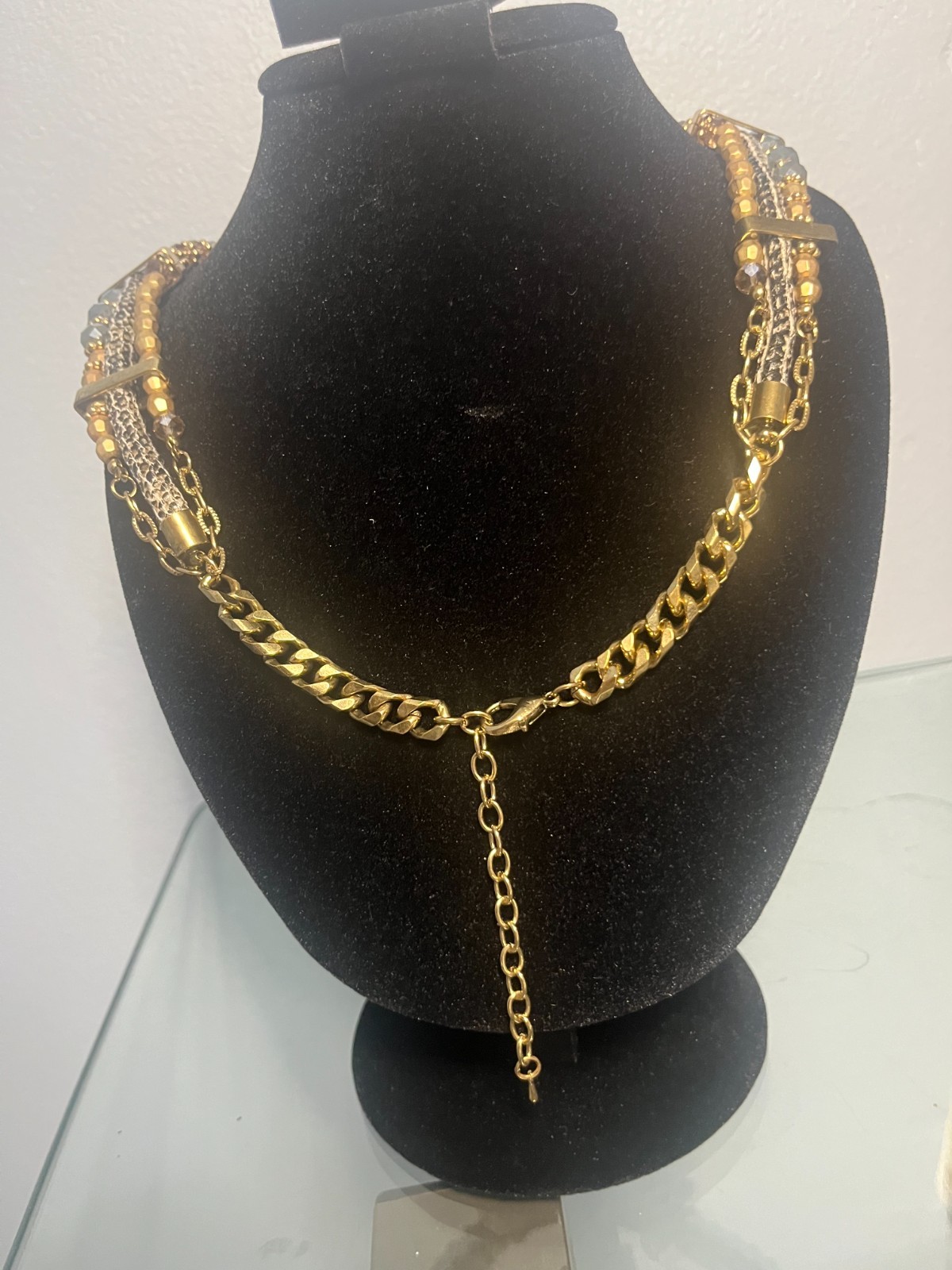 Boho Multi-Strand Bib Statement Neckclace Gold Tone Brown Gray Beads Crystals