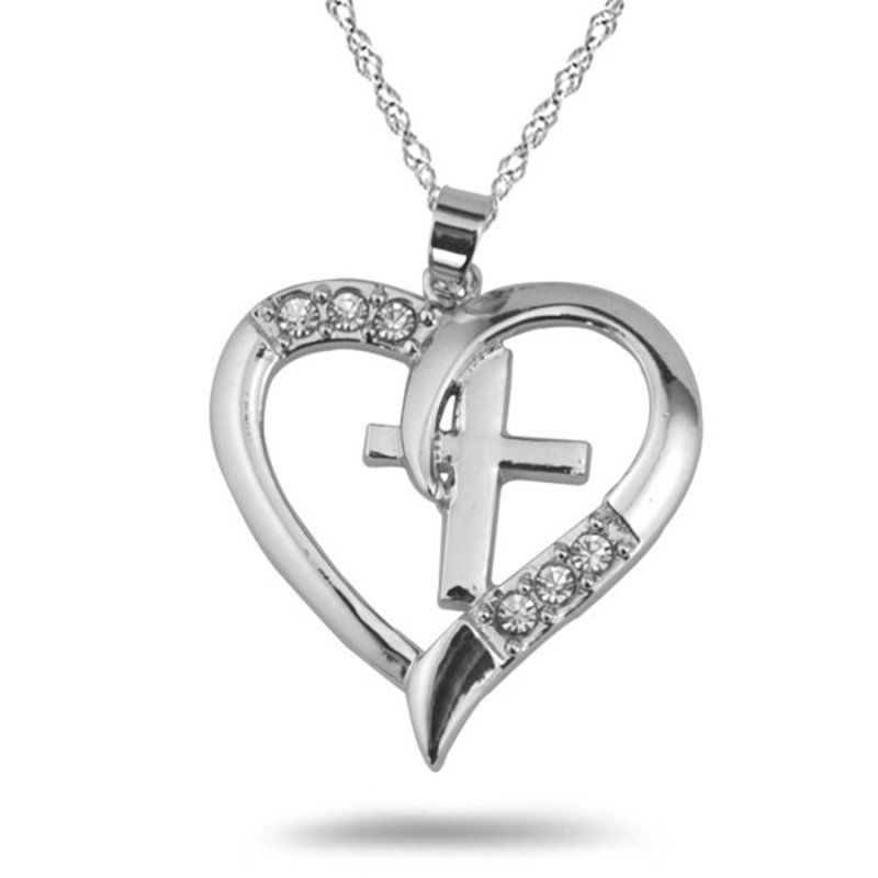 crystal CROSS LOVE HEART FAITH pendant 925 sterling SILVER 22″ necklace woman