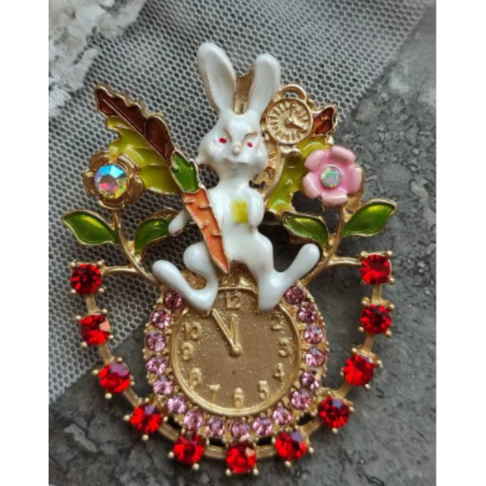 Easter Spring Bunny Brooch Rhinestone Clock Rabbit Animal Pins Gift Jewelry USA