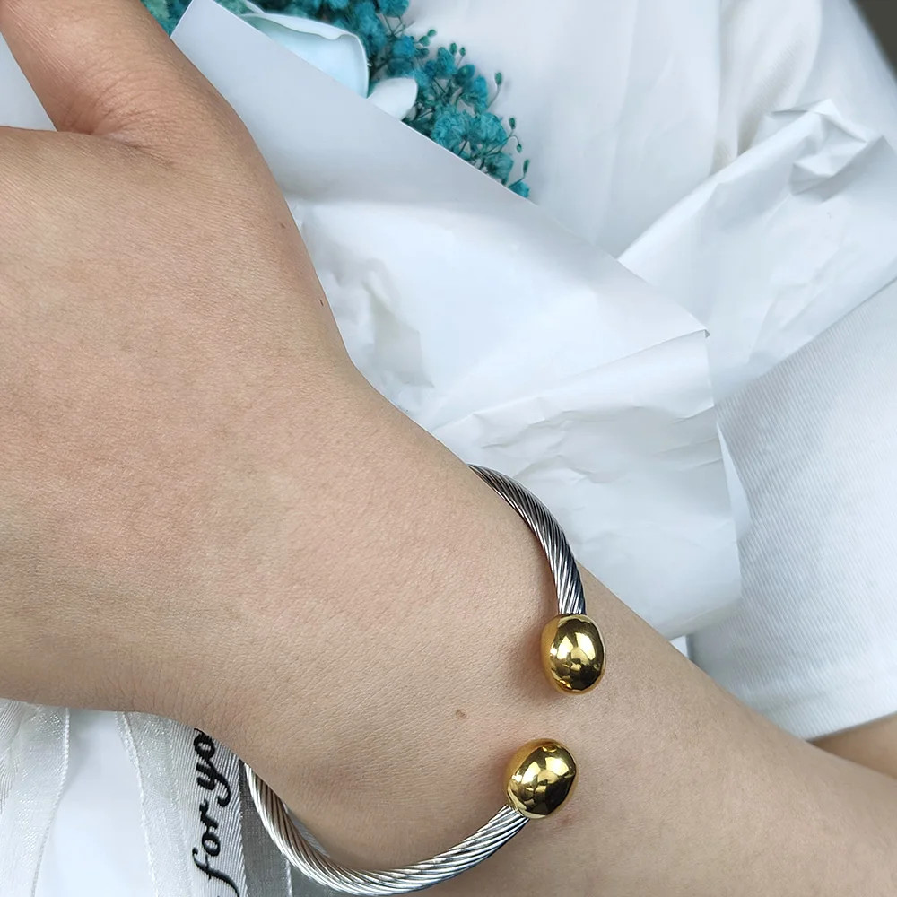Unisex Stainless Steel Braided Open Cuff Bracelet Gold Silver Ball