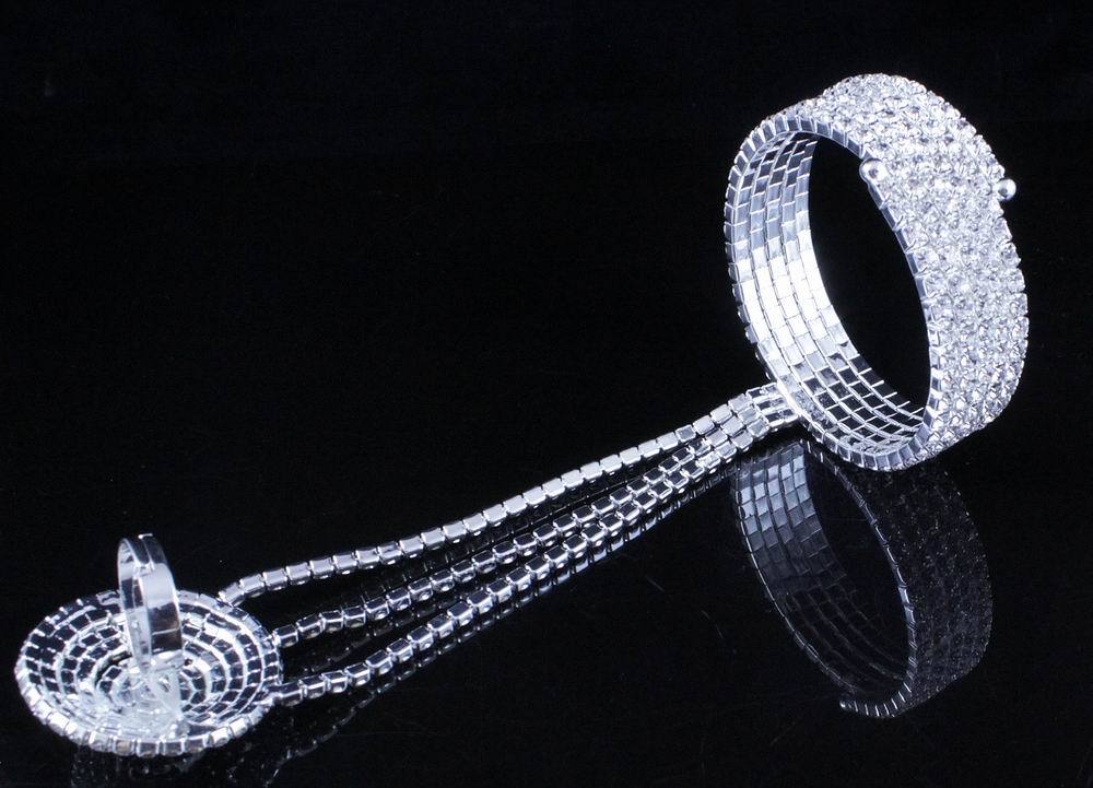 DESIGNER AUSTRIAN RHINESTONE SLAVE GLOVE BRACELET WITH RING BANGLE B11984 SILVER