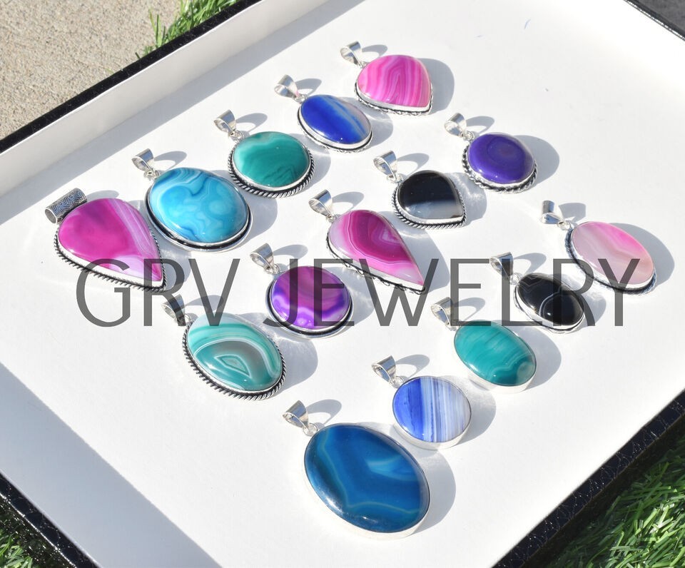 1-1000 Pcs Banded Agate Gemstone Handmade Pendant Lot Bulk: Silver Plated WH-5