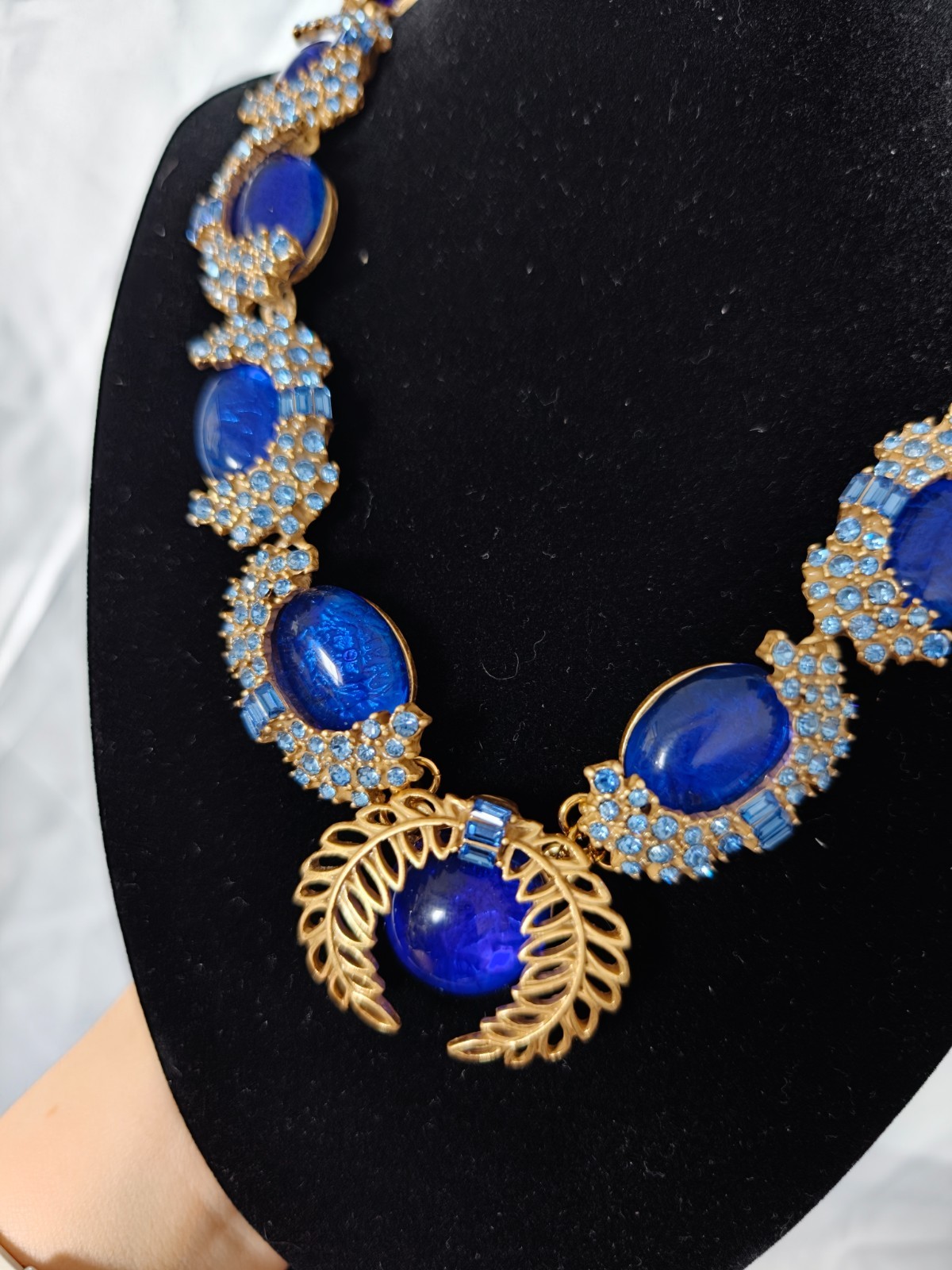 Vintage Style Blue Cabochon Statement Necklace, Gold Tone with Rhinestone Accent
