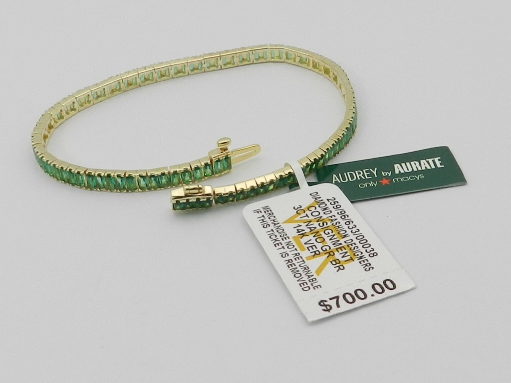 Audrey by Aurate Nano Emerald Color Baguette Tennis Bracelet in Gold over Silver