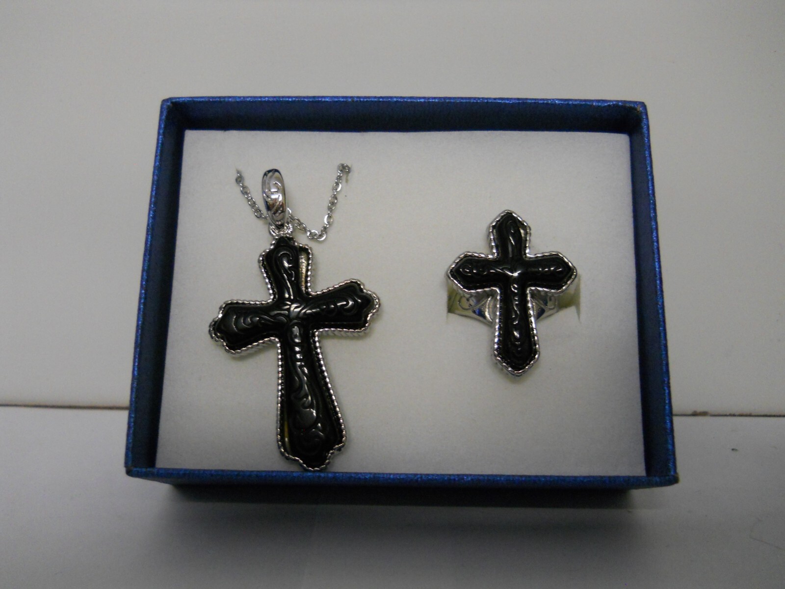 Stainless Steel TLC Enhanced Black Agate Size 4 Ring & Necklace Jewelry #1098