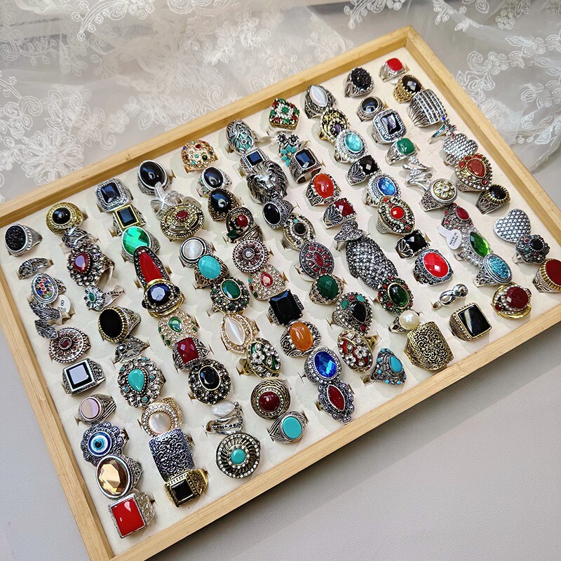 50pcs Lot Wholesale Vintage Crystal Stone Mix Style Metal Jewelry Ring Men Women