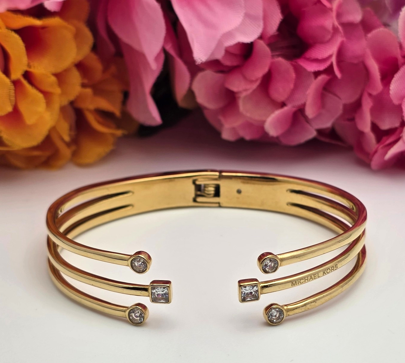 Michael Kors CZ Open Cuff Bracelet Triple Row Gold Tone 6.5 In