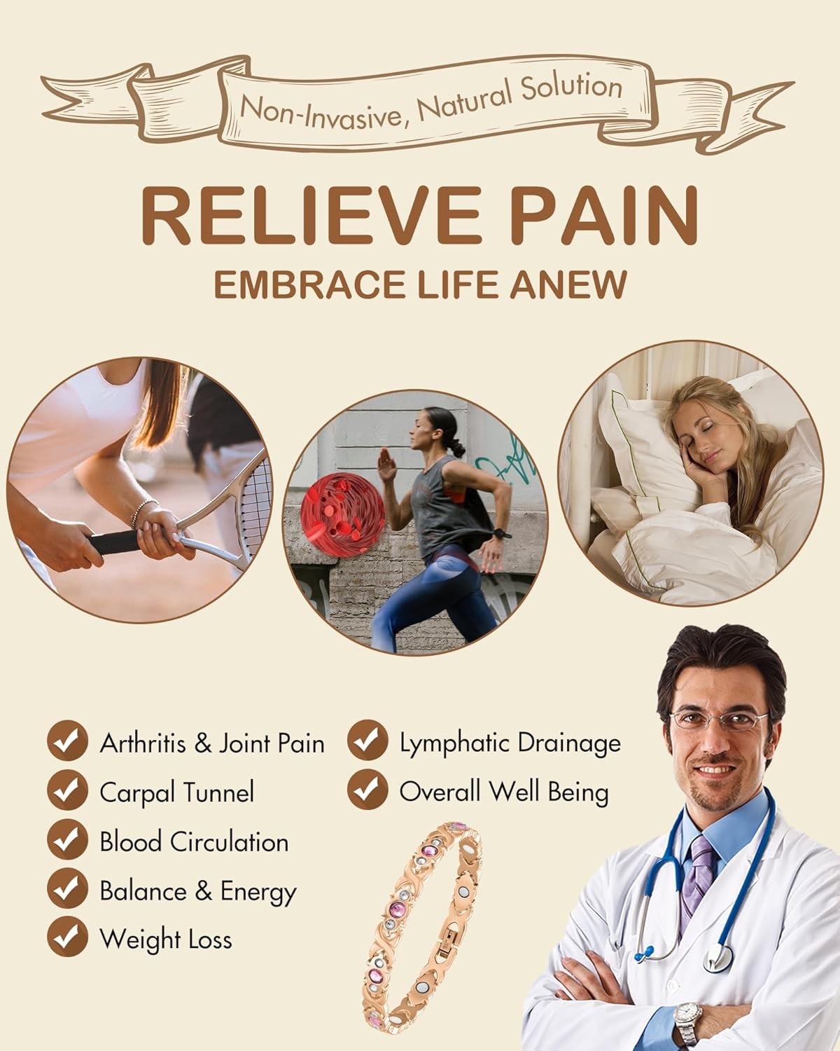 Women Bracelet Magnetic Therapy Arthritis Pain Relief Pure Solid VALENTINES GIFT
