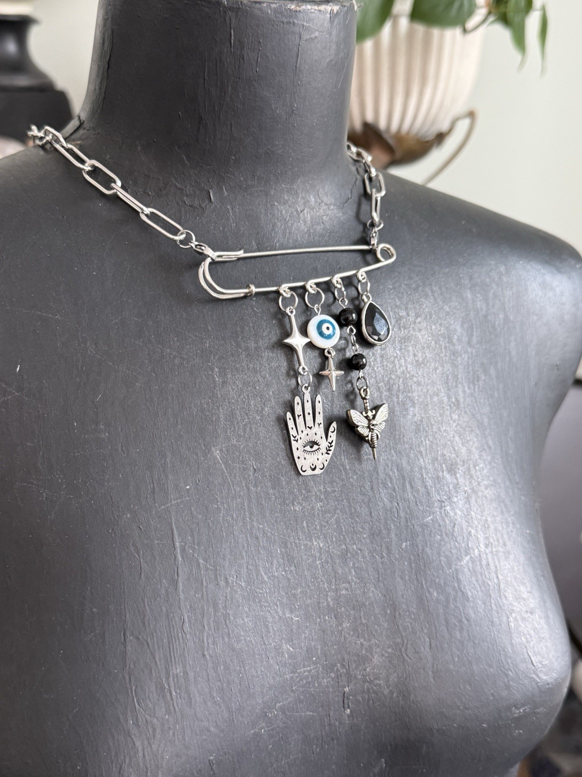 Protection Necklace Large Safety Pin Pendant Dangle Charm Charms brooch witchy