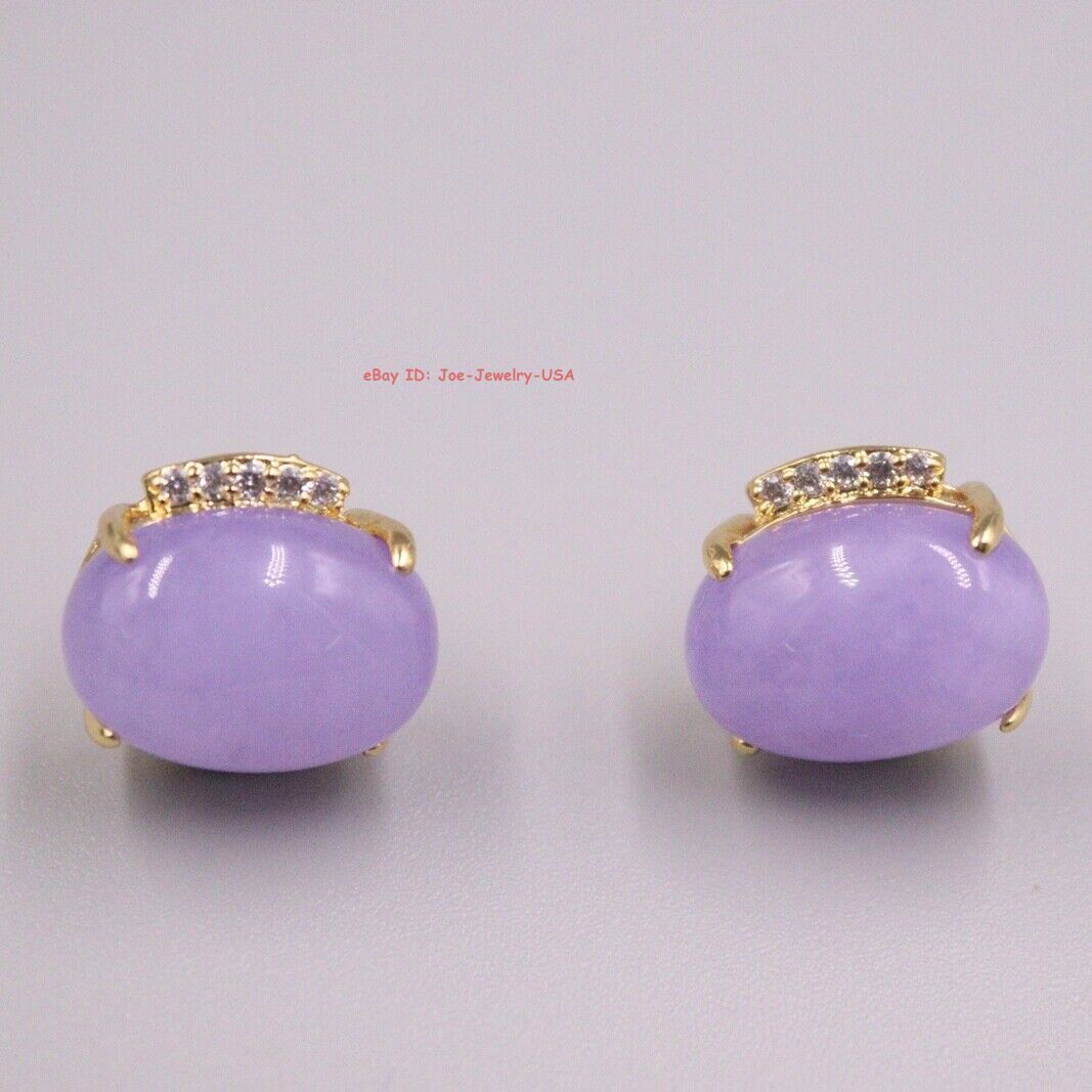 Gold Pated Alloy with Heated Oval Purple Jade Stud Earrings 10mm W