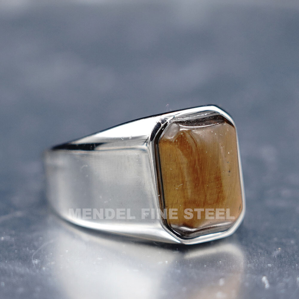 MENDEL Mens Stainless Steel Natural Tiger Eye Stone Ring For Men Size 7 8 9-15