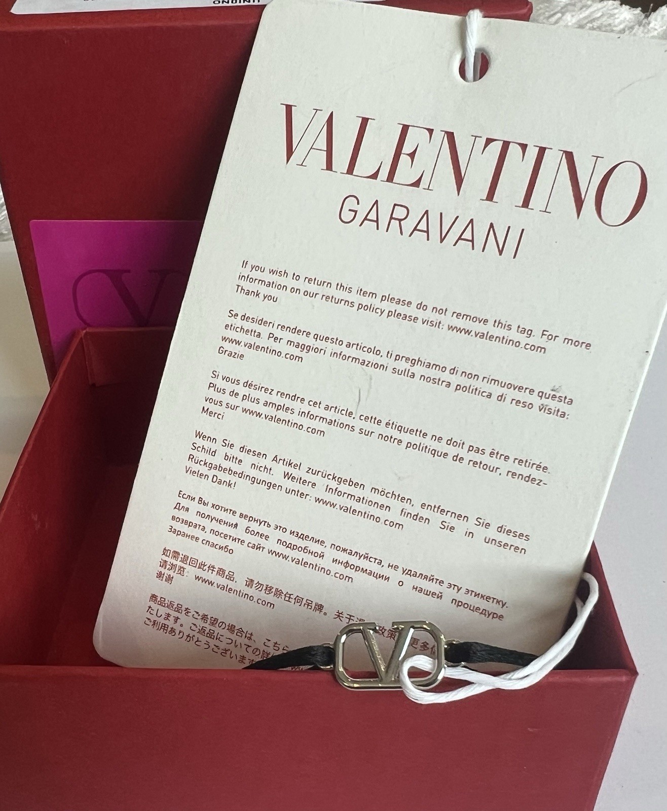 Valentino Garavani VLogo Signature Black Cord Bracelet Silver Tone NWT New Tag