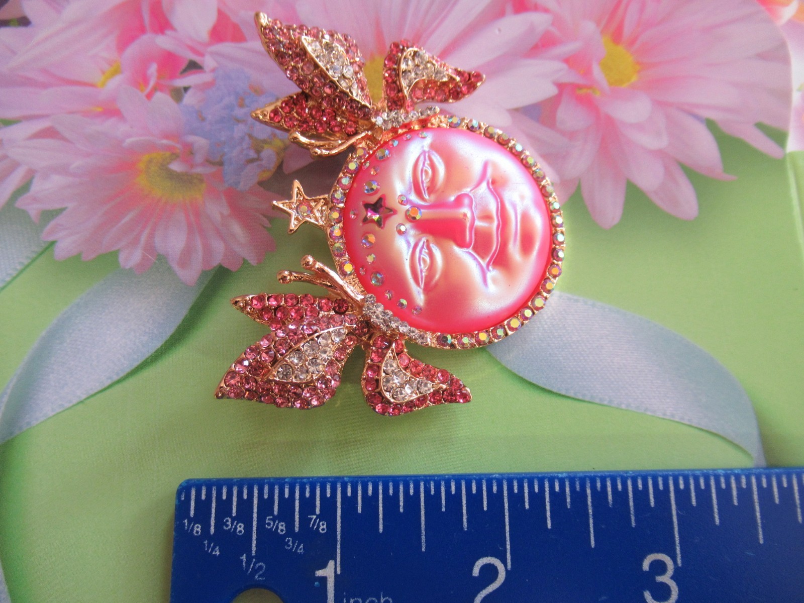 DESIGNER STYLE PINK MOON FACE WITH/BUTTERFLIES RHINESTONE BROOCH PIN-LIMITED
