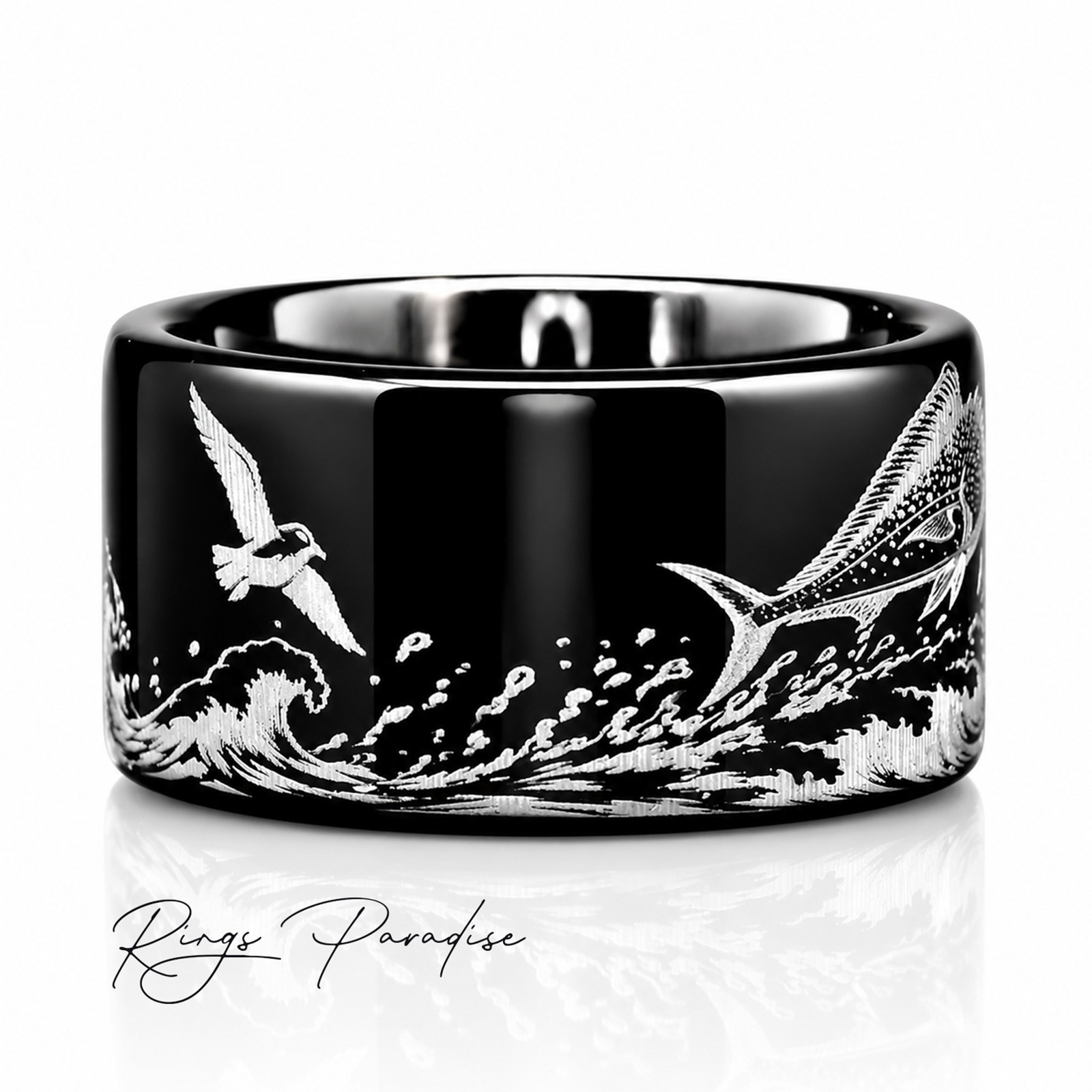 Mahi Mahi Ring | Black Tungsten Wedding Band Fishing Ring – 8mm,10mm,12mm