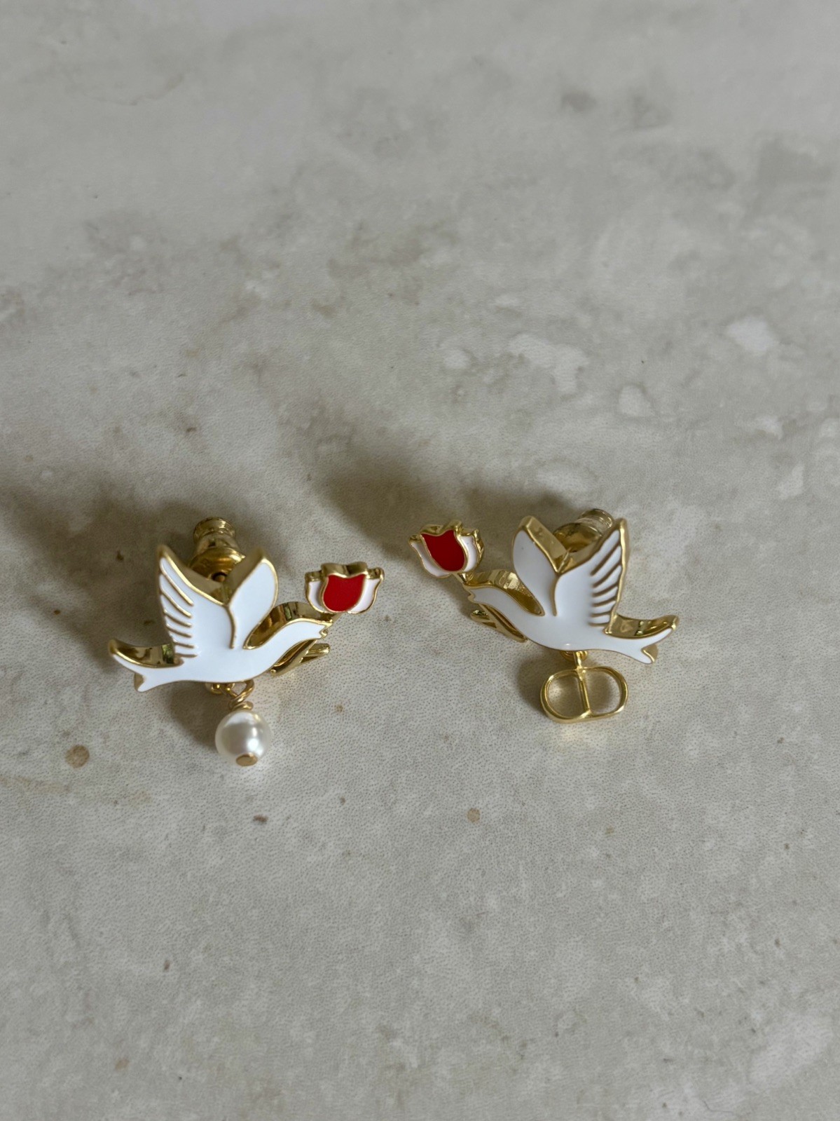 Dior Dioramour Doves & Roses Gold Plated and White Resin Pearl Earrings