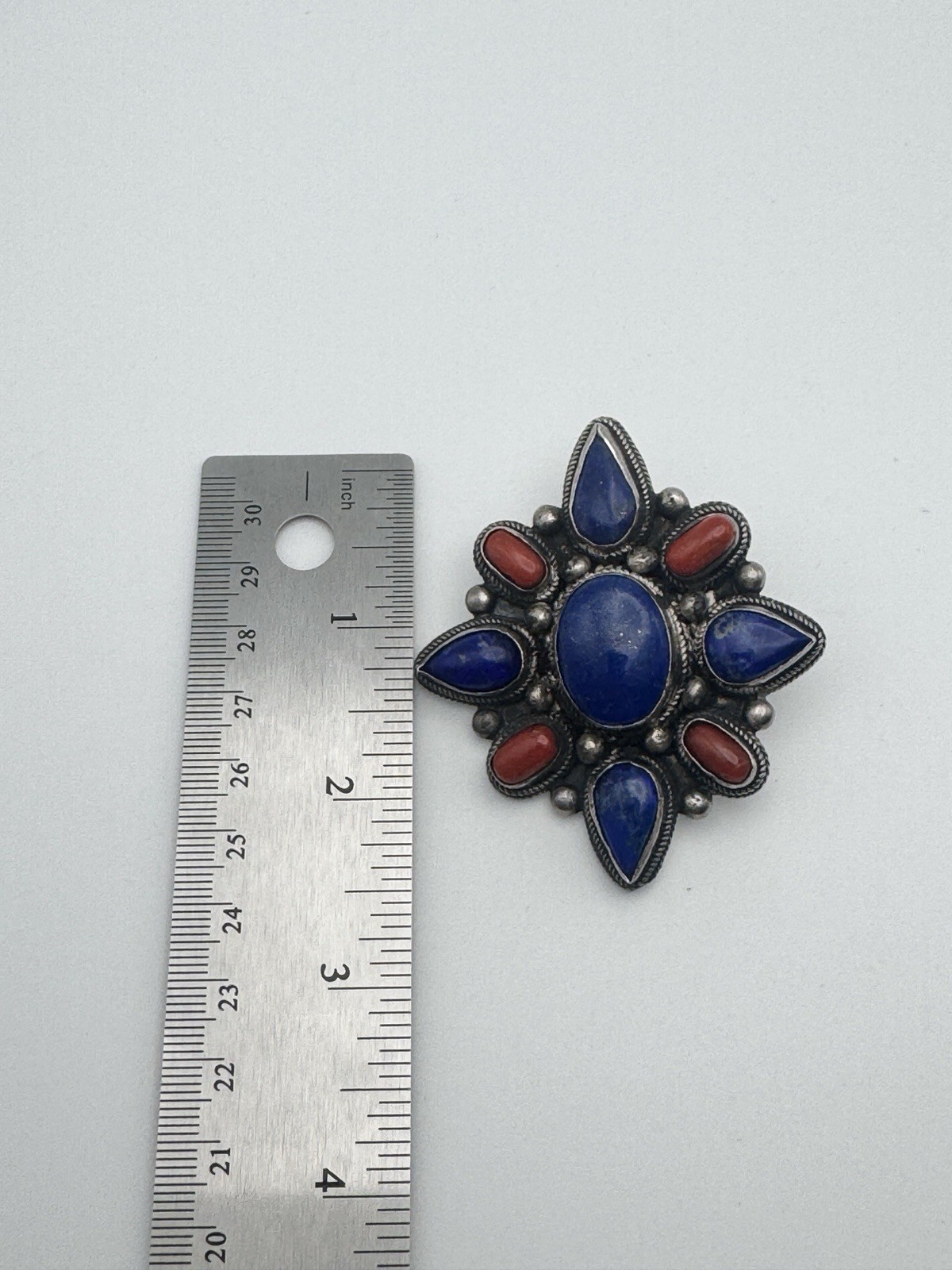 Tibetan Nepal 925 Sterling Silver Lapis & Coral Pendant 49g